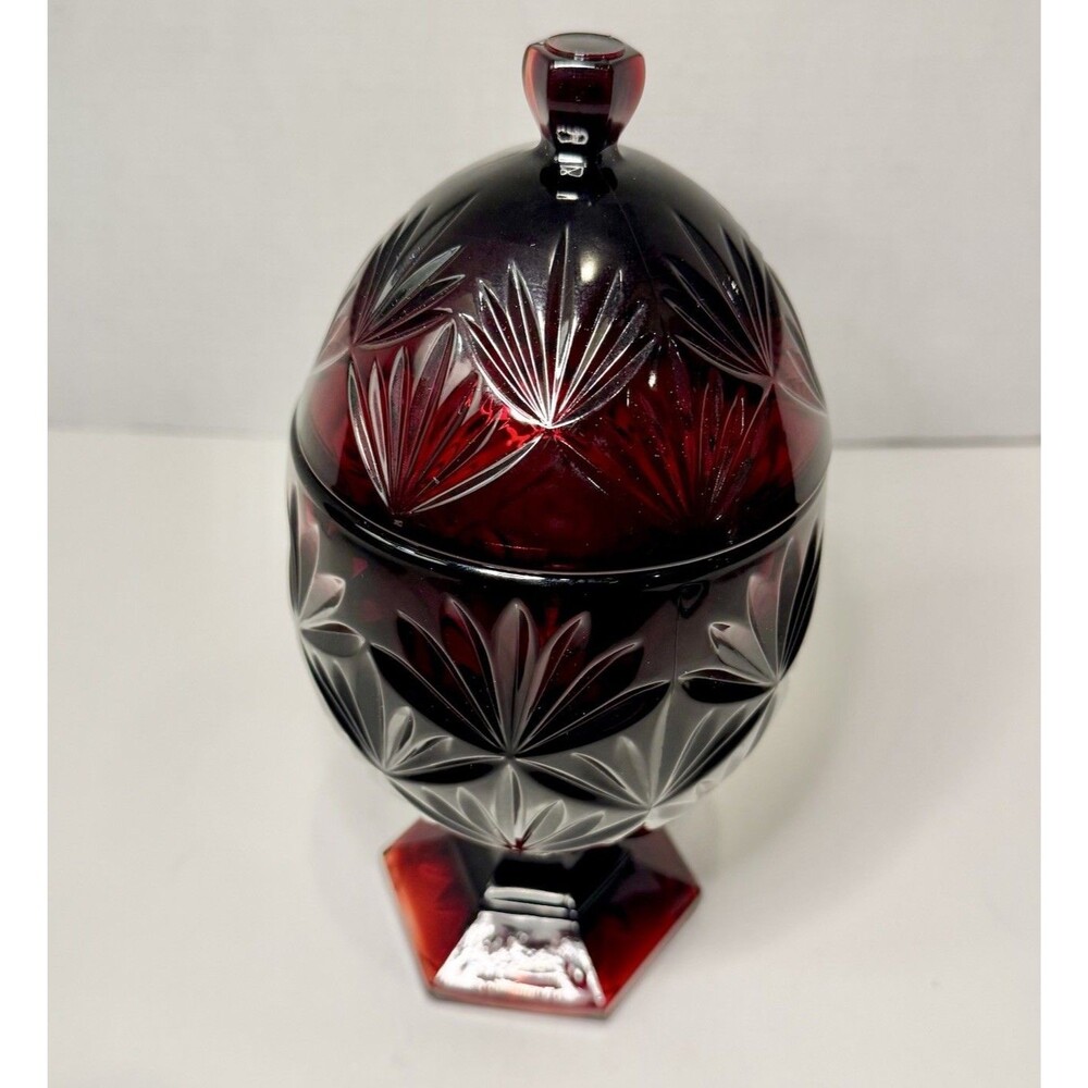 Ruby Glass Egg Pedestal Candy Dish 8.75" Vintage Luminarc, France